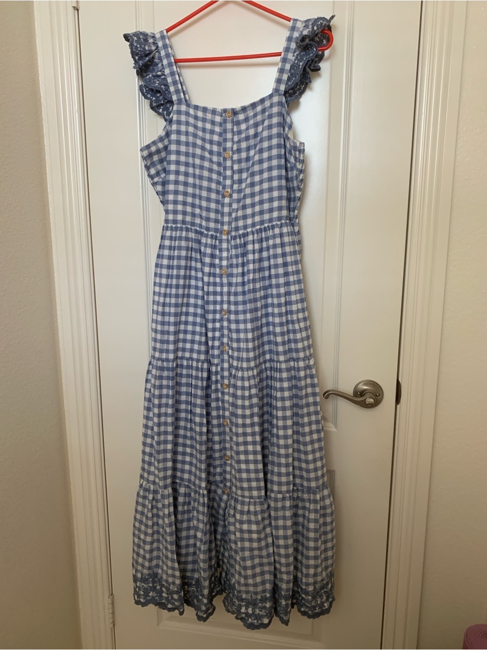 NWT Shabby Chic Blue Gingham Lace Trim Maxi Dress Size 8 Cottagecore Prairie